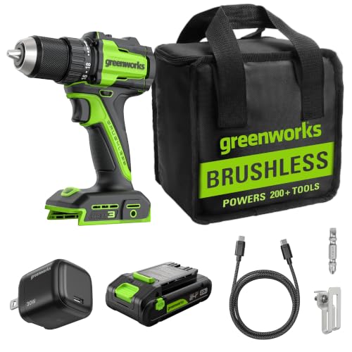 GREENWORKS 24V 1/2" Brushless Cordless Drill (400 In-lbs.), 2.0Ah (12,000mAh Power Bank) USB-C Batteries, 3.3 FT Braided Cable, 30W Charger - size: 400 in-lbs Drill Driver