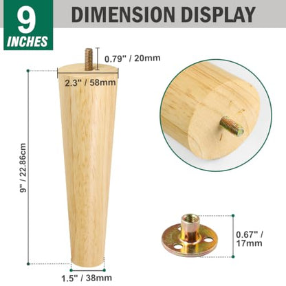 FoDau770 Rubber Wood Legs 9", Straight Taper, 5/16"-18 Thread, 4pcs - color: Varnish, size: 9 Inch - Straight (90°)
