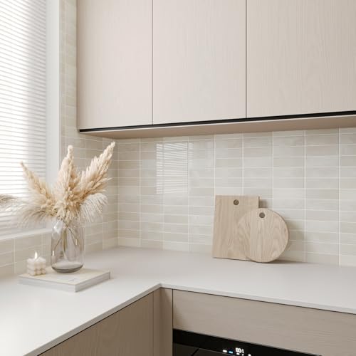 CHIHUT 16 Sheets Glossy Beige Peel and Stick Backsplash for Bathroom RV Self Adhesive Waterproof 3D Subway Kitchen Backsplash Tiles Removable Thicken Rectangle Vinyl Shower Wall Tile Sticker 12"X12" - color: Beige, size: 16 Tiles