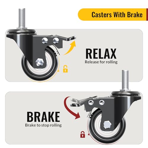 HOLKIE Stem Caster Wheels 2 inch Total Locking Casters Set of 4, Threaded Stem 3/8" -16 x 1 (Diameter 3/8", Length 1") Swivel Heavy Duty Castors Black - size: 2 Inch-Black-With Brake (3/8" -16 x 1")