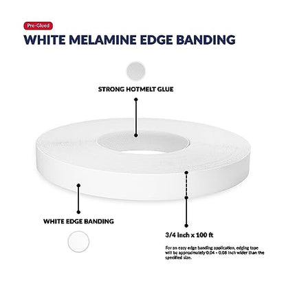 UNMAR White Edge Banding Melamine Iron On Tape Adhesive Wood Board Edging Strips Veneer Trim Laminate Cabinet Furniture MDF Plywood Formica Shelf Stick Countertop (1, White, 3/4 in x 100 ft) - size: 3/4 in x 100 ft