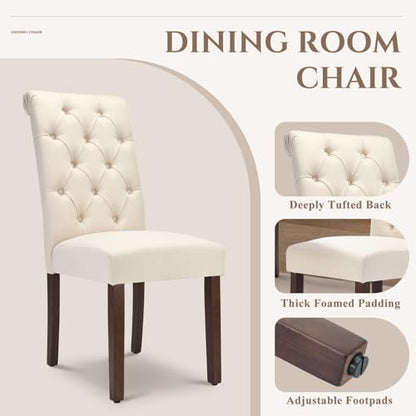 COLAMY Tufted Dining Chairs Set of 2, Accent Parsons Diner Chair Upholstered Fabric Stylish Kitchen Chairs with Solid Wood Legs and Padded Seat, Beige - color: Beige, size: set of 2