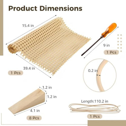 11 Pcs Rattan Repair Kit, Includes Cane Webbing Roll, 3/16 Inch Cane Webbing, 8 Wooden Wedges and Chisel Tool, Complete DIY Furniture Restoration Kit