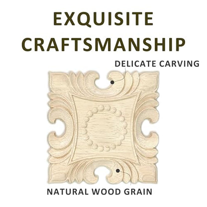 4 Pcs Decorative Wood Flower Carved Appliques Onlays Decals, 4 x 4 Inch Unpainted Solid Wooden Square Carving Decal Trim Applique for Furniture Cabinet Closet Decoration - size: 4 x 4inch-4pcs