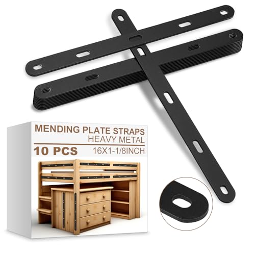 Frienda 10 Pcs 16" Black Mending Plate Heavy Duty Metal Straight Bracket Flat Straight Braces Repair Flat Slotted Plate Steel Joining Fixing Brackets Connector for Wood Furniture Tables Bookshelves