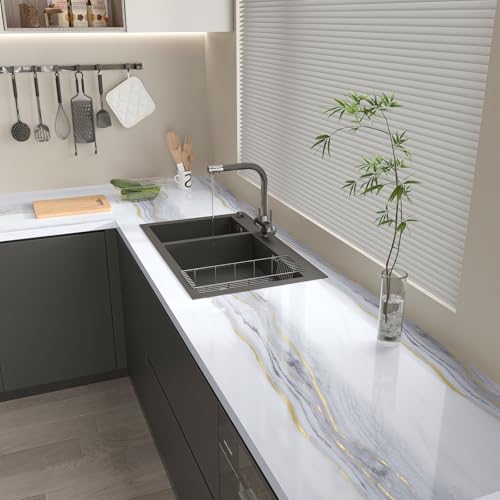 CHIHUT 12"x100" Marble Countertop Contact Paper Thick Waterproof White Marble Peel and Stick Wallpaper for Countertops Self Adhesive Removable Glossy Vinyl Film for Kitchen Cabinets Wall Covering - size: 12" x 100"