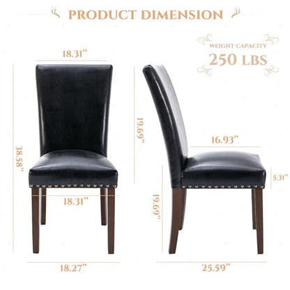 Parsons Dining Chairs Set of 2, Upholstered Nailhead PU Leather Dining Room Kitchen Side Chair with Thick Cushions and Wood Legs, Black - color: Black, size: set of 2