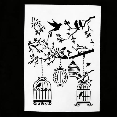 TIAMECH A4 Reusable Vintage Bird Cage Stencil for Painting - style: Bird Cage Tree Branch