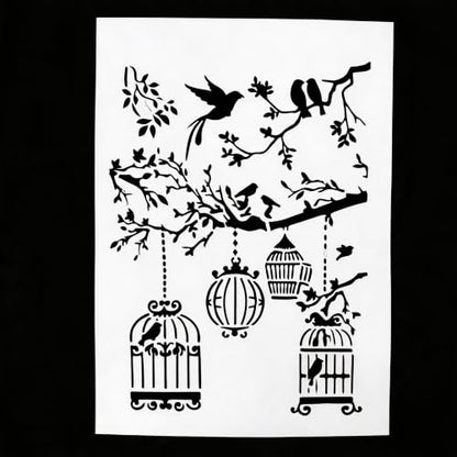 TIAMECH A4 Reusable Vintage Bird Cage Stencil for Painting - style: Bird Cage Tree Branch