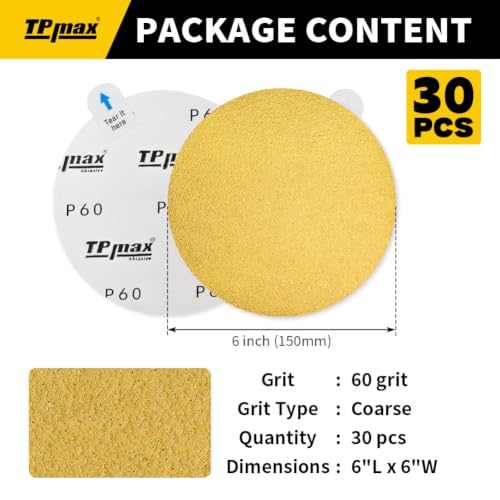 TPmax 6-Inch 60-Grit Gold PSA Sanding Discs, 30 Pack – Pro-Grade Self-Adhesive Stickyback Sandpaper with Quick-Release Tabs for DA Sander, Coarse Automotive/Wood/Metal Sanding - style: 60 Grit