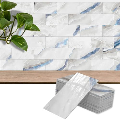 4 Sheets Blue Agate Marble Peel & Stick Subway Tile 4"x8" - color: Blue Agate Marble, size: 4 Pcs 4" x 8" x 0.07"