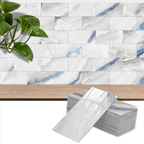 4 Sheets Blue Agate Marble Peel & Stick Subway Tile 4"x8" - color: Blue Agate Marble, size: 4 Pcs 4" x 8" x 0.07"