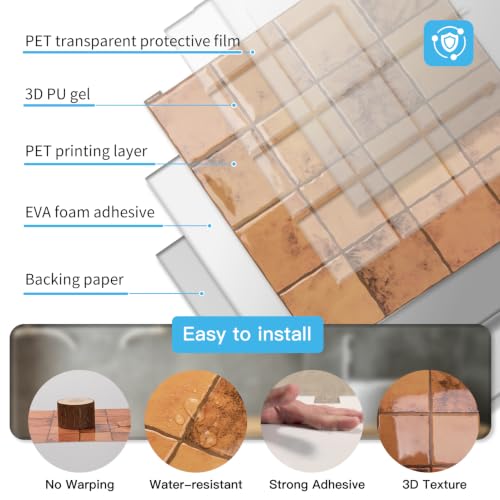 Art3d Grid Design Peel and Stick Backsplash, 10-Pack, Terracotta - color: Terracotta