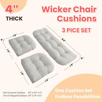 Wicker Chair Cushions 3 Piece Set, Waterproof Outdoor Cushion for Patio Furniture, Loveseat and U-Shaped Wicker Furniture Cushions, CreamWhite - color: Creamwhite