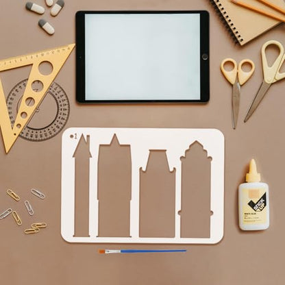 FINGERINSPIRE 6PCS Layered Buildings Painting Stencil with Plastic Brush 8.3x11.7inch Reusable Building Silhouette Template Decorative Architecture Theme Stencil for Adults Painting on Floor Furniture - style: Layered Buildings