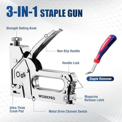 WORKPRO Upholstery Staple Gun, 3-in-1 Heavy Duty Staple Gun with Power Adjustment, 3000 pcs Staples and Stapler Remover, Manual Brad Nailer for Wood, Upholstery, Carpentry, Decoration DIY, Furniture