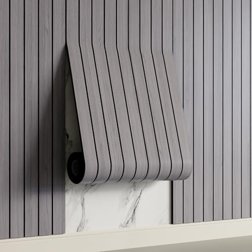 Yutianli PVC Slat Wall Panel Peel and Stick 118"x 15.7" Faux Wood Slat Panel Artificial Oak Wood Grain Self-Adhesive Soundproof 3D Wall Panel for Walls and Ceilings - color: Gray, size: 118"x15.7"