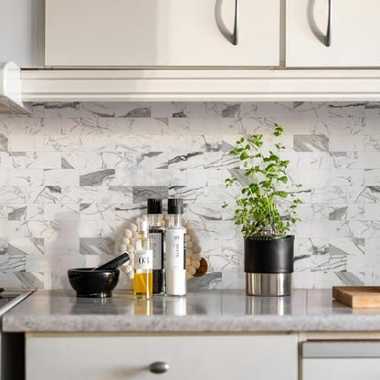 STICKGOO 10-Sheet Subway Tile Peel and Stick Backsplash, Seamless Design Glossy Carrara White Kitchen Backsplash Wall Tiles, Waterproof Stick on Tile for Bathroom, RV, Fireplace - color: Glossy Carrara White