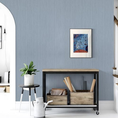 Grey Blue Peel and Stick Grasscloth Texture Wallpaper 15.74" x 196.85" - color: Grey Blue, size: 15.7" x 196.9"