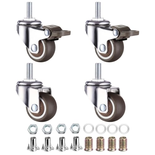 WANLIAN M6 Threaded Stem Casters Set of 4 Heavy Duty Swivel Caster Wheels with Brakes, TPE Rubber Small Screw Replacement Wheels for Furnitures, Rolling Carts, Standing Desks, Wire Shelving (1 Inch) - style: 1 Inch