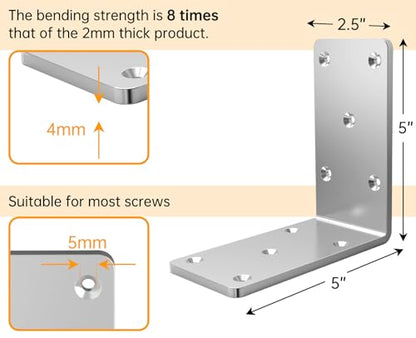 5" X 5" X 2.5" Heavy Duty L Brackets for Wood (4 PCS), L-Shaped Corner Brackets for Shelving and Furniture , Silver - size: 5x5x2.5” ( 4 Pack)