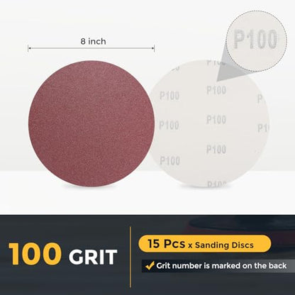 HARFINGTON 15 Pcs 8 Inch Sanding Discs 100 Grit Red Aluminum Oxide - size: 8 Inch(100 Grit)