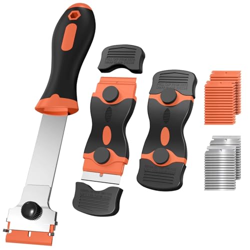 Ywmoml 3 Pack Razor Blade Scraper Set, Includes 30 Plastic & 30 Metal Blades, Multi-Purpose Tool for Glass, Cooktop, Sticker Removal, Paint & Gum Cleaning (Orange) - color: Orange