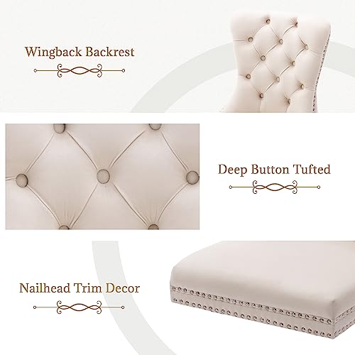 Beige Velvet Dining Chairs Set of 6, Elegant Tufted & Nailhead, Wood Legs - color: Beige, Wood Leg, size: set of 6