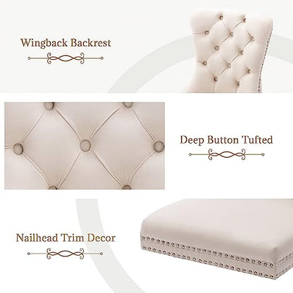 Beige Velvet Dining Chairs Set of 6, Elegant Tufted & Nailhead, Wood Legs - color: Beige, Wood Leg, size: set of 6