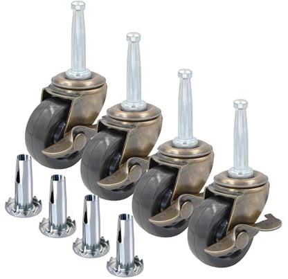 2 Inch Antique Brass Caster Wheels with Brake, Rubber Casters 5/16 Inch x 1-1/2 Inch (8 x 38mm) Stem Sockets Caster for Sofa, Chair, Cabinet, Dresser Vintage Furniture Set of 4 (2.0inch with Brake) - style: 2 inch with Brake