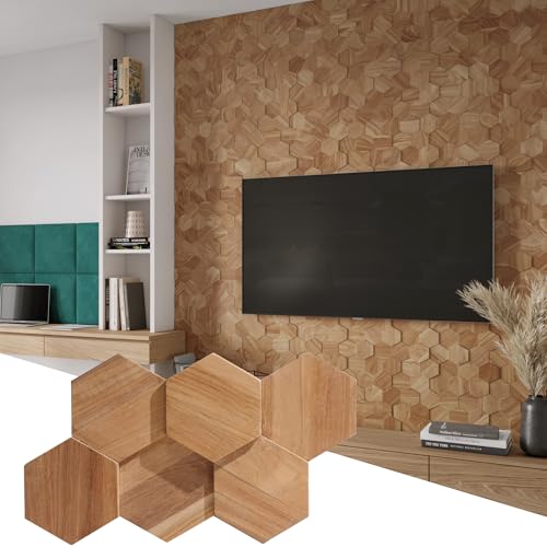 Wall!Supply 3D Wall Panels – Reclaimed Hexagon Asian Teak Wood in Natural – Home Decor Wallpaper Alternative for Living Room, Bedroom & Office – Easy DIY Installation – 25 Pack, Covers 10.5 Sq Ft - color: Hexagonal, style: UltraWood