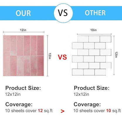 Peel and Stick Backsplash for Kitchen,New Upgrade 12" x 12" Large Premium Kitchen Backsplashs,Stick on Subway Tiles for Bathroom Pink 10-Sheet. - color: Pink