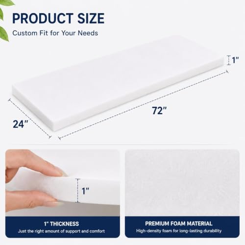 Firm High Density Upholstery Foam Cushion Pad 30ILD 1 x 24 x 72 Inch