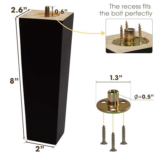 CODIN (5 Sizes: 3"-4"-5"-6"-8" Set of 4 Wood Furniture Legs - Square Sofa Legs, Couch Leg - Brown Mid-Century Modern Replacement Legs for Armchair Recliner Coffee Table Dresser (8") - size: 8"