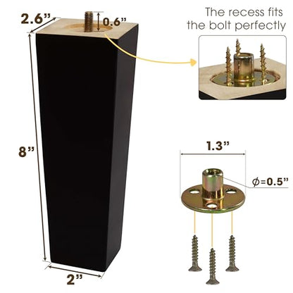 CODIN (5 Sizes: 3"-4"-5"-6"-8" Set of 4 Wood Furniture Legs - Square Sofa Legs, Couch Leg - Brown Mid-Century Modern Replacement Legs for Armchair Recliner Coffee Table Dresser (8") - size: 8"