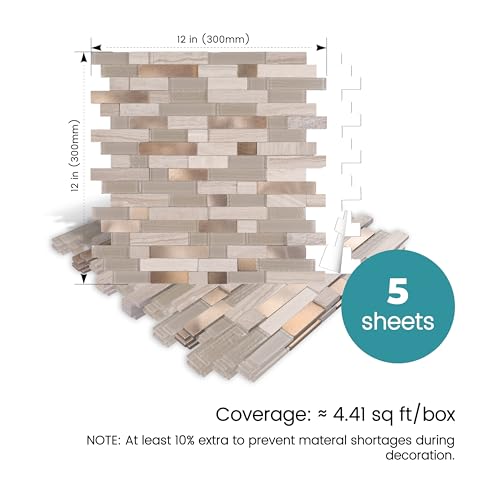 Nicesungdeco Peel and Stick 3D Natural Stone Mosaic Backsplash Tiles, 12" x 12" 5-Sheet Backsplash Self Adhesive Tiles for Kitchen Fireplace Vanity (Grey Gold) - color: GREY GOLD
