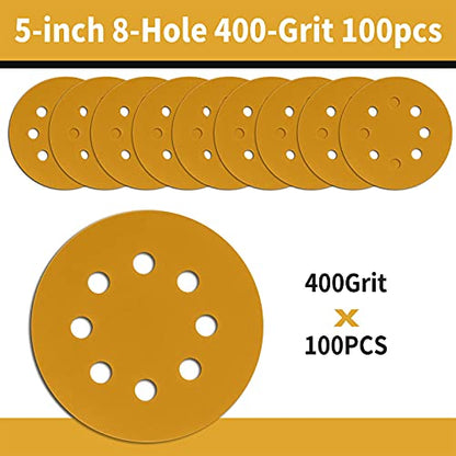 100 Pcs 5 Inch Sanding Discs Hook and Loop, 8 Hole Gold Premium 400 Grit Dustless Random Orbit Sandpaper for Woodworking or Automotive - style: 400 Grit-100 Discs