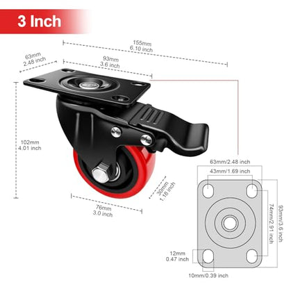 3" Caster Wheels,3 inch Heavy Duty Casters with Brake Set of 4 - size: 3 Inch (4 Pack)