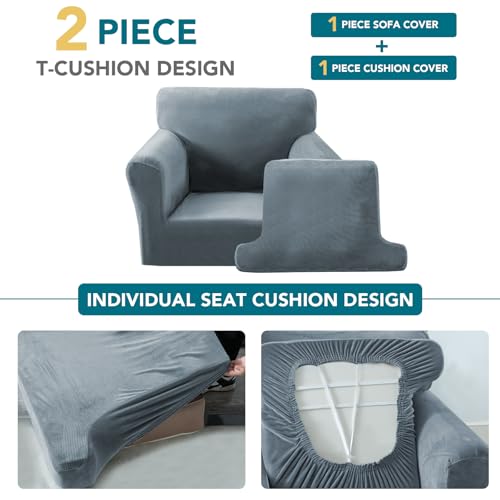 2 Pieces T Cushion Chair Covers with Arms Thick Velvet Couch Cover Stretch T Cushion Sofa Covers for Living Room Chair Cover with Individual T Cushion Covers , Washable (1 Cushion Chair, Stone Blue) - color: Stone Blue, size: Armchair (1 Cushion)