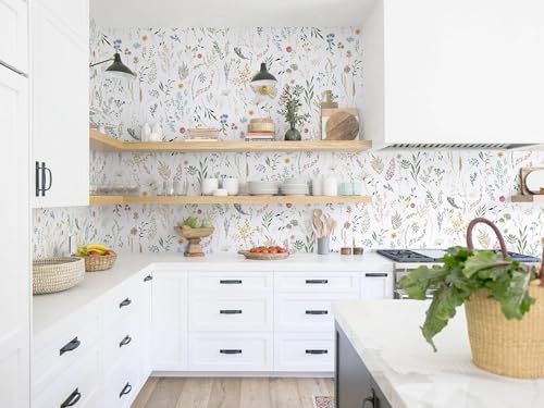 Dimoon 393"x16.1" Floral Peel and Stick Wallpaper White Contact Paper Thicken Wallpaper Delicate Flower Waterproof Green Leaf White Self Adhesive Removable Wall Paper Shelf Liner Decal Vinyl Roll - color: White-Smooth, size: 16.1" x 393"