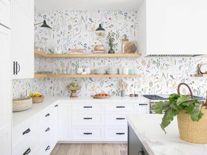 Dimoon 236"x16.1" Floral Peel and Stick Wallpaper White Contact Paper Thicken Wallpaper Delicate Flower Waterproof Green Leaf White Self Adhesive Removable Wall Paper Shelf Liner Vinyl Roll - color: White-Smooth, size: 16.1" x 236"