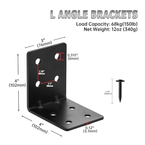 4 PCS Heavy Duty Steel Corner Brackets, 4"x4"x3" 90 Degree L Right Angle Bracket, DIY L Shelf Brackets, Metal Joint Timber Connector Support for Wood Shelves, Furniture - size: 4x4x3in