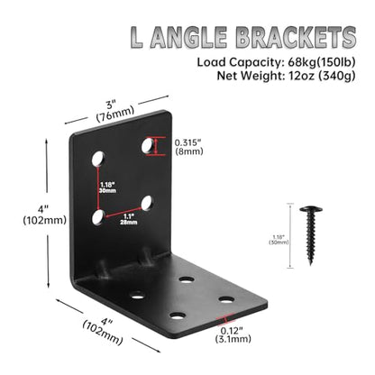 4 PCS Heavy Duty Steel Corner Brackets, 4"x4"x3" 90 Degree L Right Angle Bracket, DIY L Shelf Brackets, Metal Joint Timber Connector Support for Wood Shelves, Furniture - size: 4x4x3in
