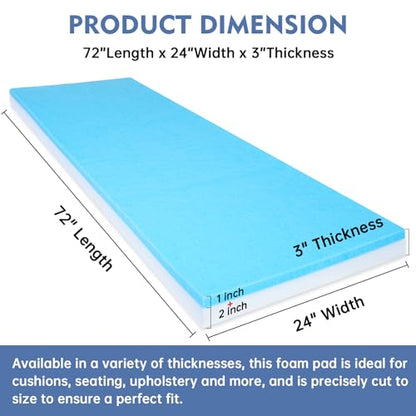 Upholstery Foam, 72" x 24" x 3" High Density Gel Memory Foam Padding Couch Cushion Support, Cut to Size Foam Replacement Pad for Sofa Sag Support - size: 72" X 24" X 3"