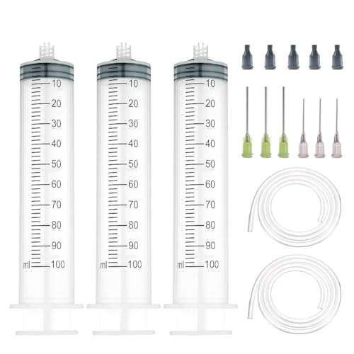 3 Pack 100ml Glue Dispenser Accessories with 3.2ft Plastic Tubing, 14ga,16ga Dispensing Accessories and Caps for Measuring Liquids and Refilling - size: 3 Pack (100ml)