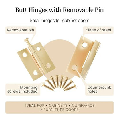 Brass Butt Hinges with Removable Pin - 1-1/2" x 1-1/2" - Pack of 2 - Cabinet Door Hinges - UA-266-HPB (1) - color: Brass
