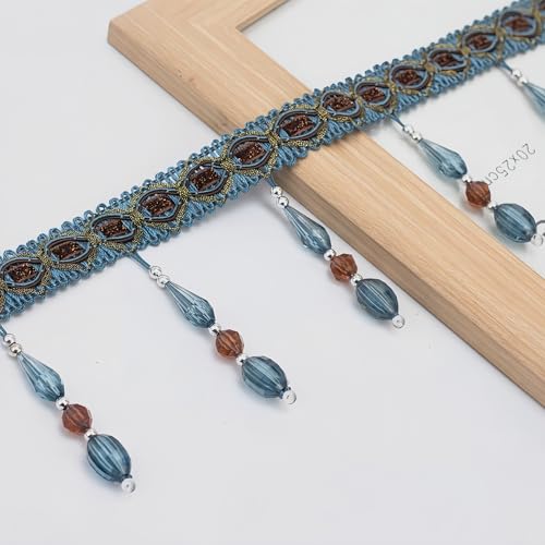 4 Yards Beaded Fringe Trim, Hanging Crystal Beads Tassel Fringe Trim Curtain Weights Cloth Sofa Fringes for Curtain Cushions Lampshades Clothes (Blue) - color: Blue