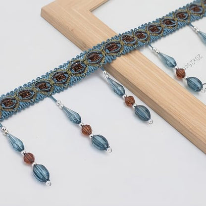 4 Yards Beaded Fringe Trim, Hanging Crystal Beads Tassel Fringe Trim Curtain Weights Cloth Sofa Fringes for Curtain Cushions Lampshades Clothes (Blue) - color: Blue