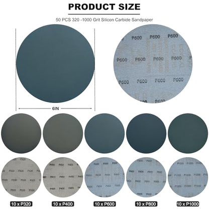 50 PCS 6 Inch Hook and Loop Sanding Discs Assorted- 320 400 600 800 1000 Grit Wet Dry Waterproof Silicon Carbide Sandpaper for Random Orbital Sander, Automotive Wood Metal Polishing & Sanding