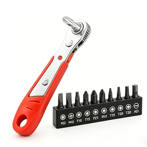 Mini Ratchet Screwdriver Set, 36 Tooth Offset Ratchet Wrench with 10Pcs Magnetic Bits, 1/4 Inch Drive Right Angle Screwdriver for Tight Space Repair
